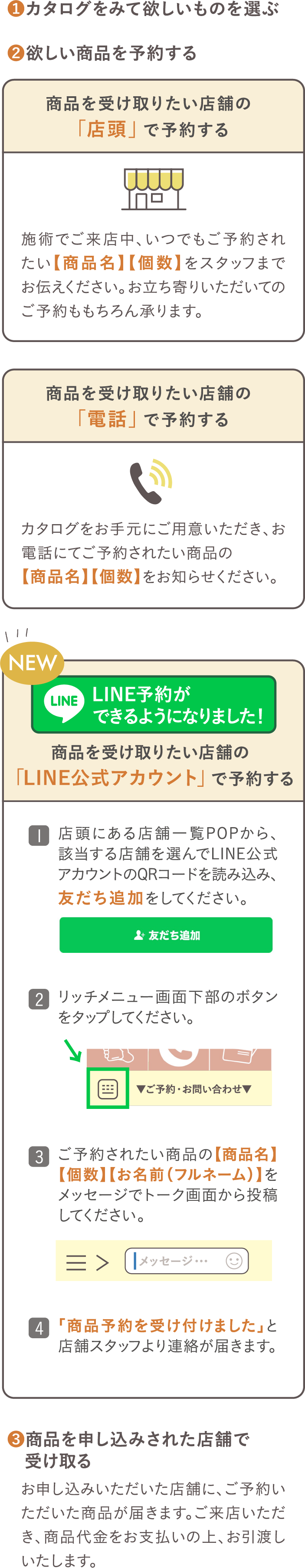 ❶カタログをみて欲しいものを選ぶ ❷欲しい商品を予約する ❸商品を申し込みされた店舗で受け取る