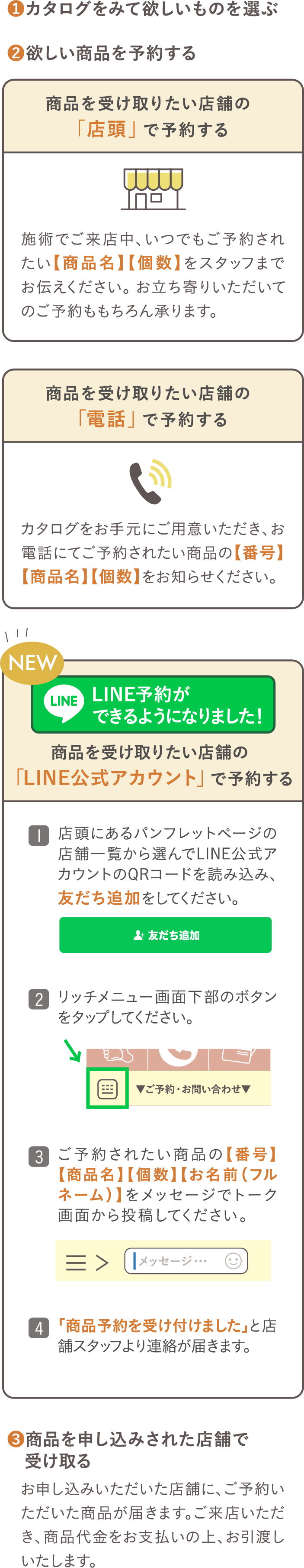 ❶カタログをみて欲しいものを選ぶ ❷欲しい商品を予約する ❸商品を申し込みされた店舗で受け取る
